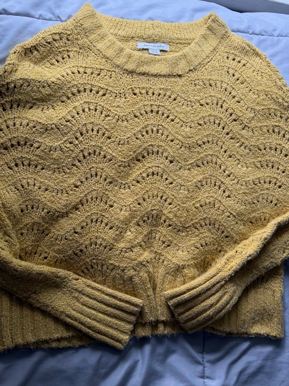 American Eagle Outfitters Women's Mustard Open-Knit Crewneck Sweater